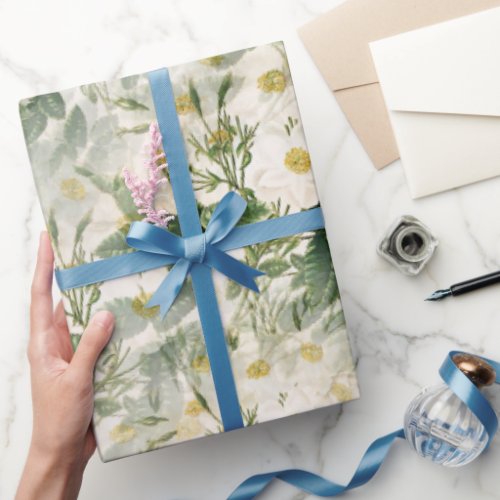 Romantic Smooth White Flowers and Green Leaves Wrapping Paper