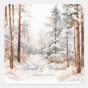 Romantic snowy winter forest wedding square sticker