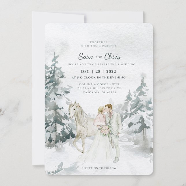 Romantic Snowy Winter Forest with Bride and Groom  Invitation (Front)