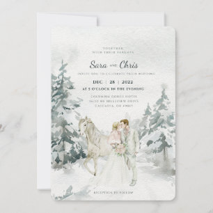 Romantic Snowy Winter Forest with Bride and Groom Invitation