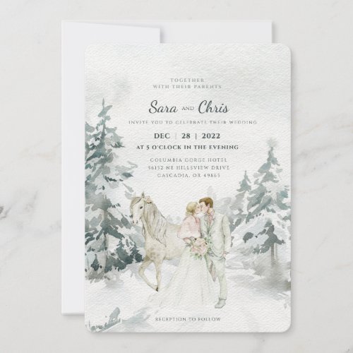 Romantic Snowy Winter Forest with Bride and Groom  Invitation