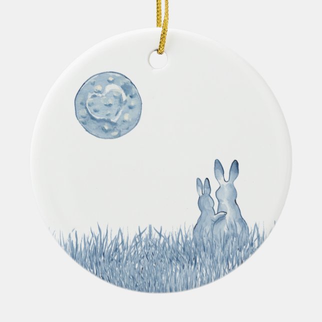 Romantic Snuggle Bunny Love Blue Moon Personalize Ceramic Ornament (Front)