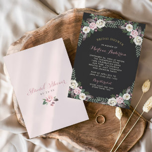 Romantic Soft Black Pink Floral Wedding Shower Invitation