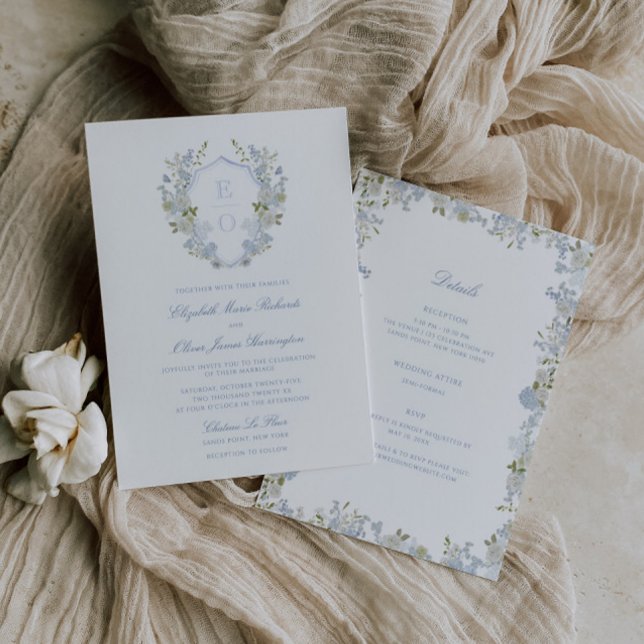 Romantic Soft Blue Floral Crest All In One Wedding Invitation (Creator Uploaded)