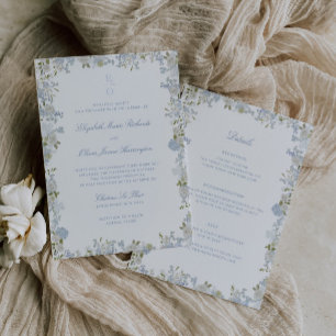 Romantic Soft Blue Floral Frame All in One Wedding Invitation