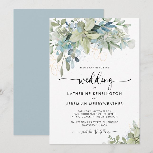Romantic Soft Blue Floral Wedding Invitation (Front/Back)