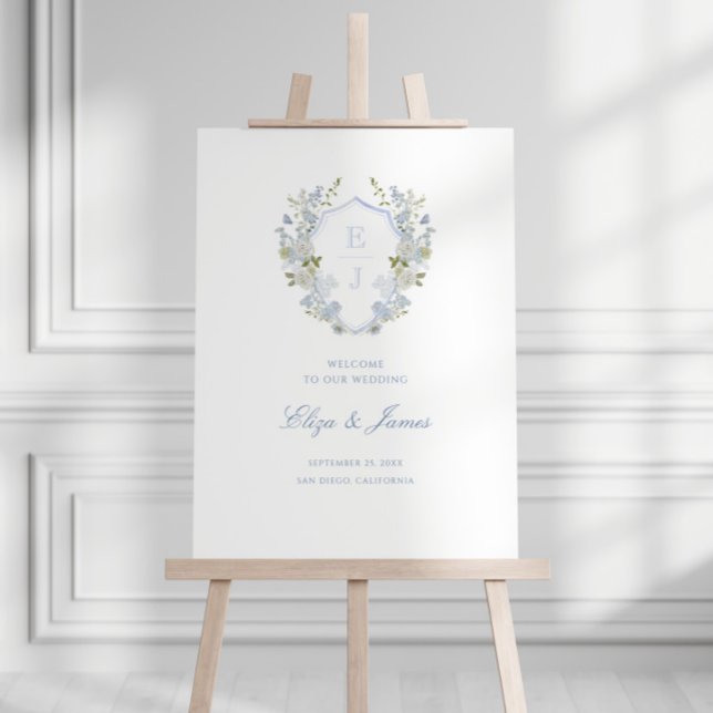 Romantic Soft Blue Monogram Crest Wedding Welcome  Foam Board (Creator Uploaded)