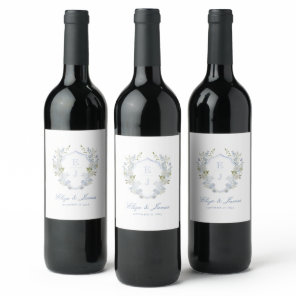 Romantic Soft Blue Monogram Crest Wedding Wine Label