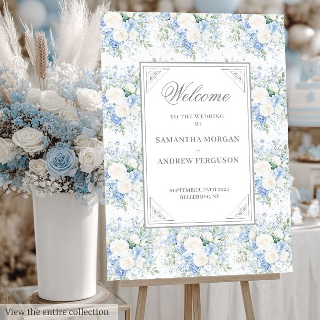 Romantic soft blue silver floral wedding welcome  foam board (Romantic soft blue silver floral wedding welcome sign)