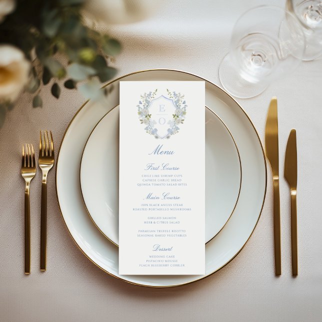 Romantic Soft Blue Vintage Monogram Crest Wedding Menu (Creator Uploaded)