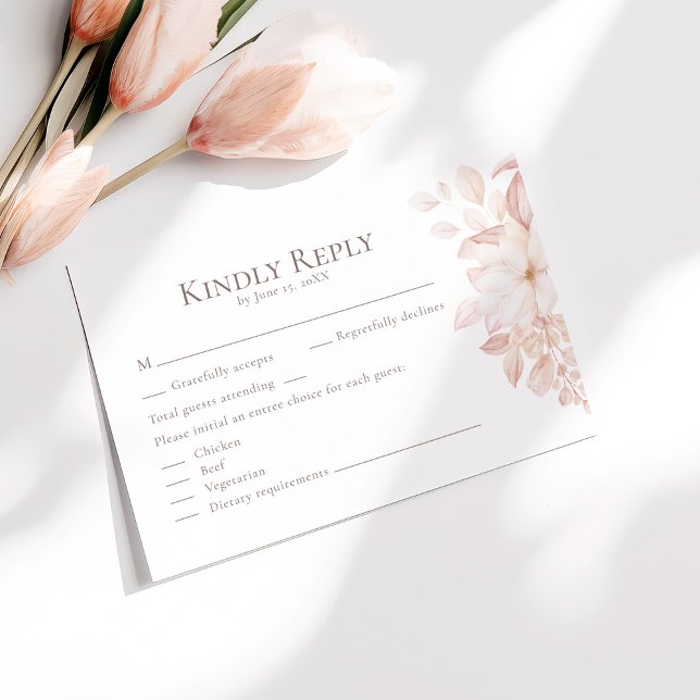 Romantic Soft Blush Roses Wedding RSVP Card (Romantic White and Pink Roses Wedding RSVP Card on a sunny table with pale pink flowers.)