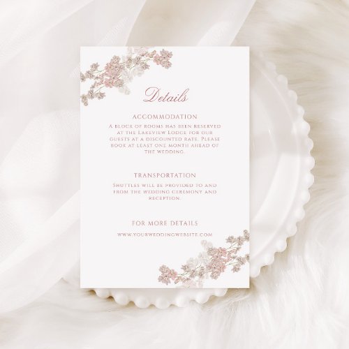 Romantic Soft Blush Vintage Floral Wedding Details Enclosure Card
