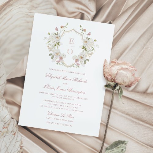 Romantic Soft Blush White Monogram Crest Wedding Invitation