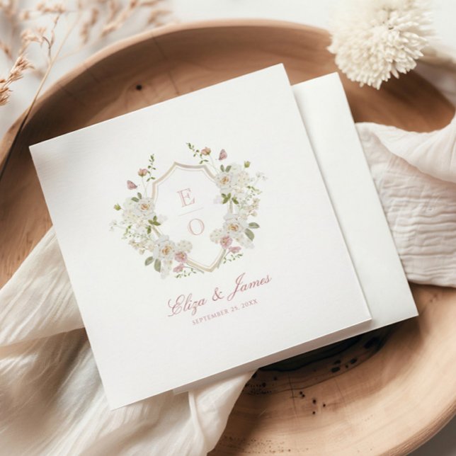 Romantic Soft Blush White Monogram Crest Wedding Napkins (Creator Uploaded)