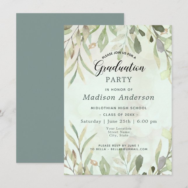 Romantic Soft Botanical Greenery Graduation Party Invitation (Front/Back)