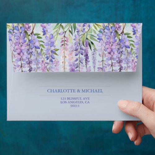 Romantic Soft Dusty Blue Wisteria Floral Wedding Envelope