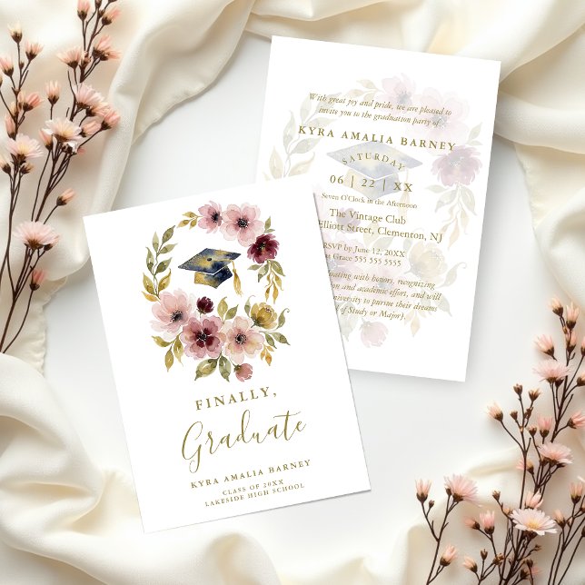 Romantic Soft Floral Wreath Graduation Cap Design Invitation (Romantic Soft Floral Wreath with Graduation Cap Invitation Party Card Design.)