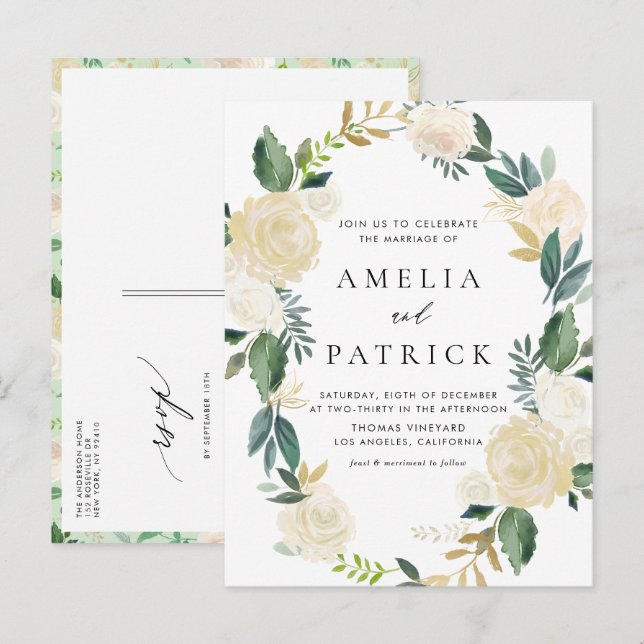 Romantic Soft Ivory Floral Wreath Wedding Invitation Postcard (Front/Back)