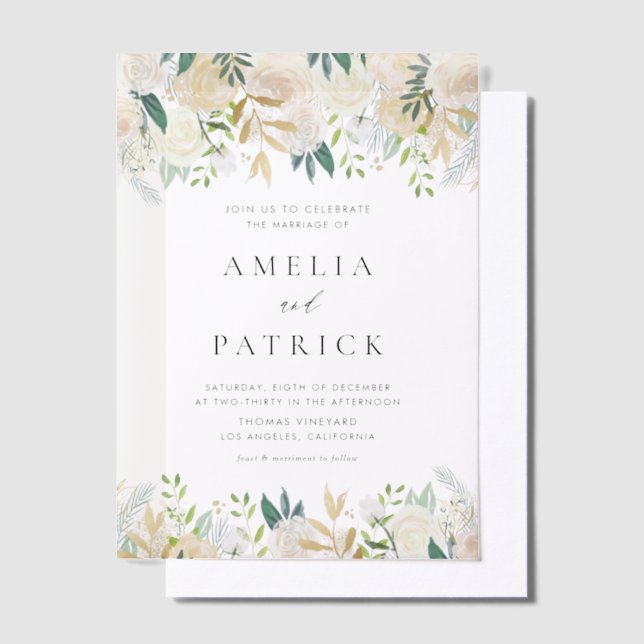 Romantic Soft Ivory Flowers Garland Wedding Vellum Invitations (Offset)