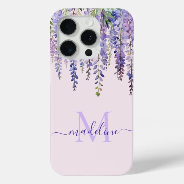 Romantic Soft Lilac Wisteria Monogram Script Name Case-Mate iPhone Case (Back)