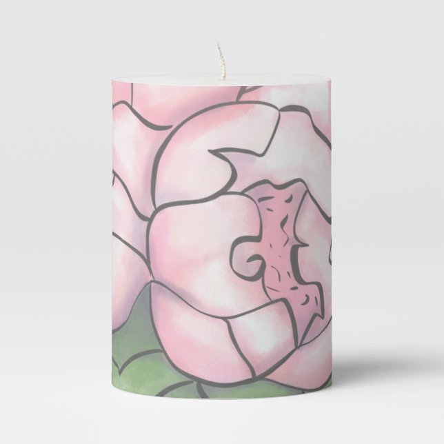 Romantic Soft Pink Peony Watercolor Pillar Candle (Front)