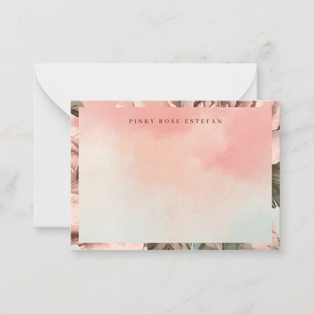 Romantic Soft Pink Rose Watercolor Flat Note Card (Front)