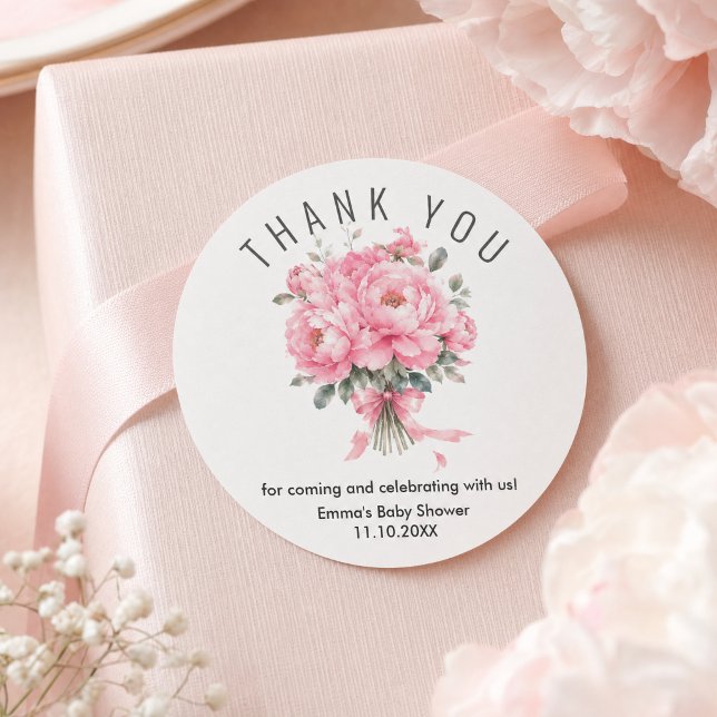 Romantic Soft Pink Thank You Classic Round Sticker (#babyshowersticker #thankyoutsticker #pinkflowers #watercolorpinkflowerssticker #pinkfloralsticker )