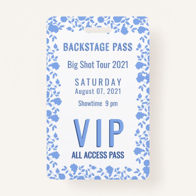 Romantic Soft Pretty Blue Floral VIP Pass Badge (Front)