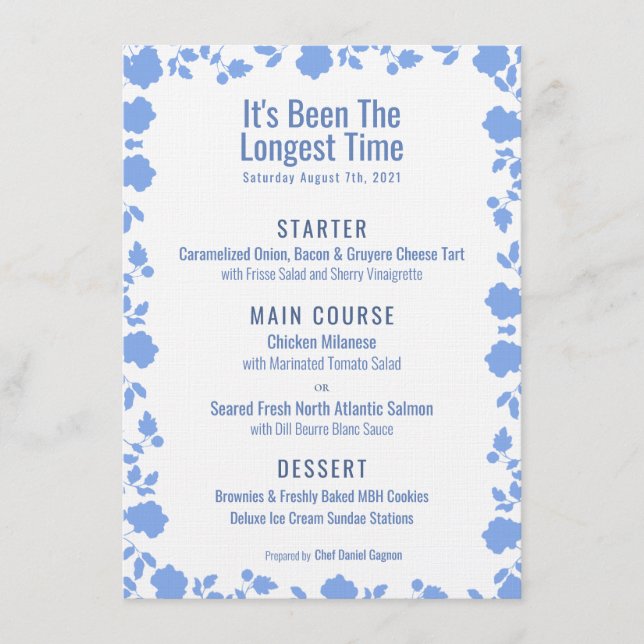 Romantic Soft Pretty Blue Wedding Dinner Menu (Front)
