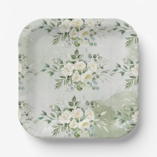 Romantic Soft Sage Green Floral Garden Wedding  Paper Plates