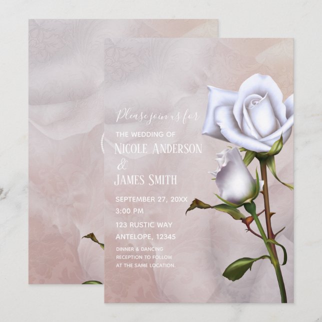 Romantic Soft White Roses Elegant Floral Wedding Invitation (Front/Back)