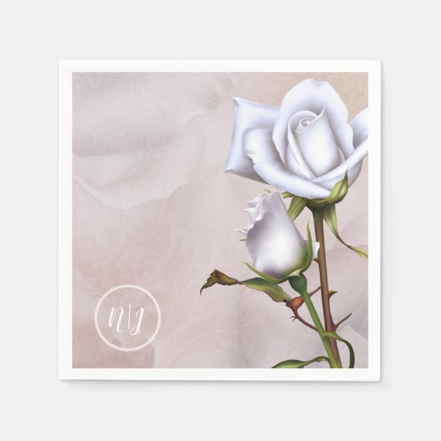 Romantic Soft White Roses Elegant Floral Wedding Napkins (Front)