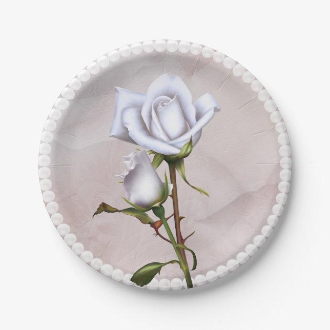 Romantic Soft White Roses Elegant Floral Wedding Paper Plates (Front)