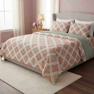 Romantic Southwestern Heart Pattern Peach & Sage Duvet Cover