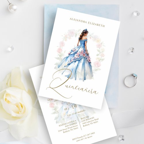 Romantic Spanish Quinceaera in Blue  Pink Shades Invitation