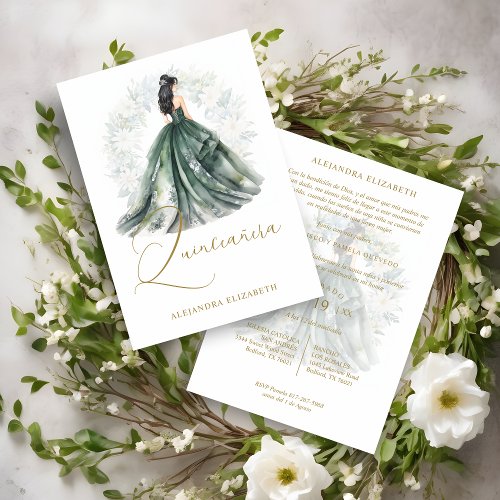 Romantic Spanish Quinceaera in Green  Golden  Invitation