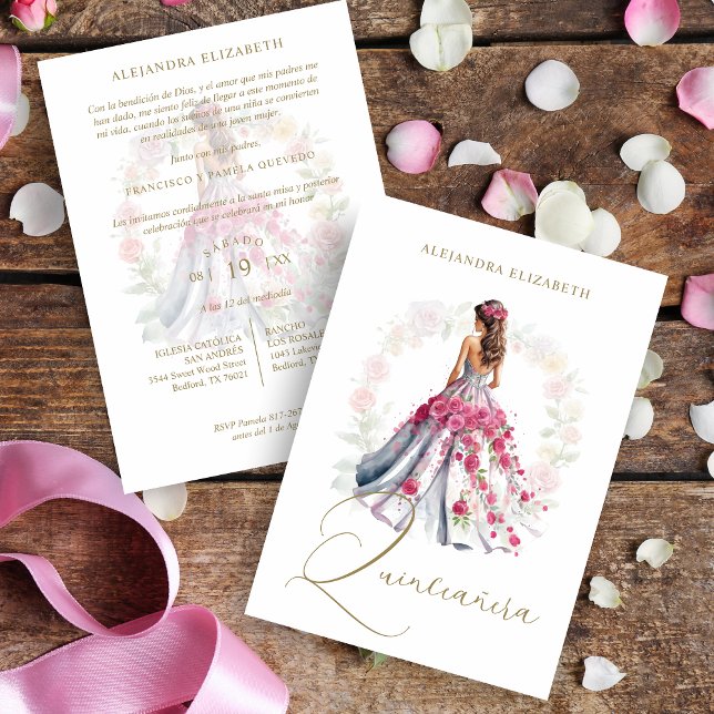 Romantic Spanish Quinceañera in Pink Shades  Invitation (Romantic Spanish Quinceañera in Pink Shades Invitation Card with Envelope. )