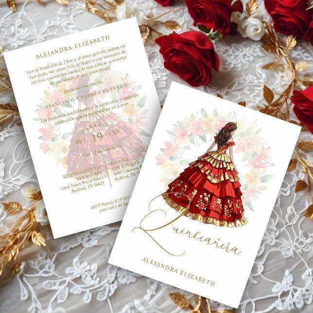 Romantic Spanish Quinceañera in Red & Golden  Invitation (Romantic Spanish Quinceañera in Red & Faux Golden Shades Invitation Card with Envelope.)
