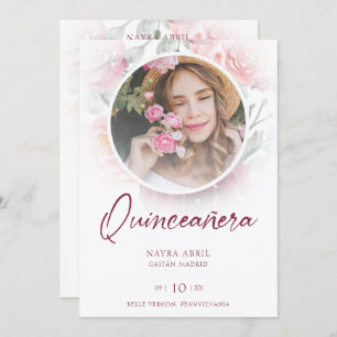 Romantic Spanish Quinceañera Photo Floral in Pink Invitation