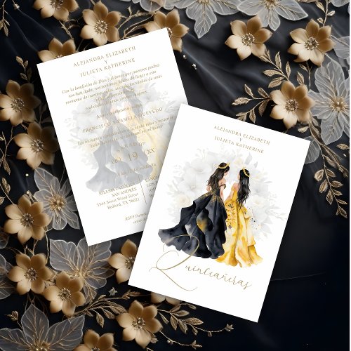 Romantic Spanish Quinceaera Twins in Black Yellow Invitation