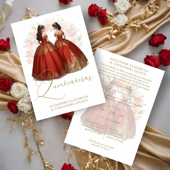 Romantic Spanish Quinceañera Twins Red & Golden  Invitation (Romantic Spanish Quinceañera Twins Red & Golden Invitation.)