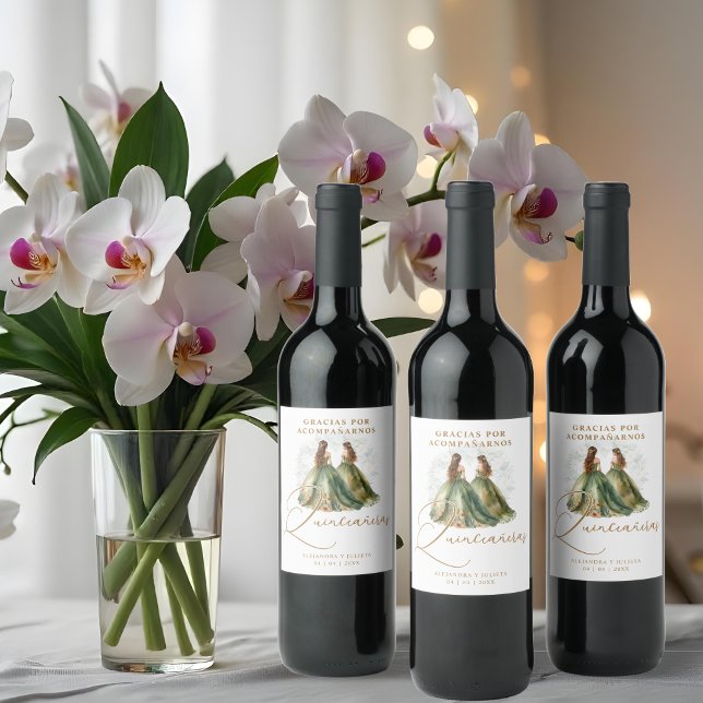 Romantic Spanish Quinceañeras Twins Dolls Green Wine Label (Romantic Spanish Quinceañeras Twins Dolls in Green and Brown Shades Wine Labels. )