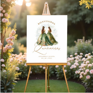 Romantic Spanish Quinceañeras Twins Dolls in Green Foam Board