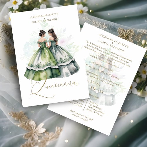 Romantic Spanish Quinceaeras Twins Green Shades Invitation