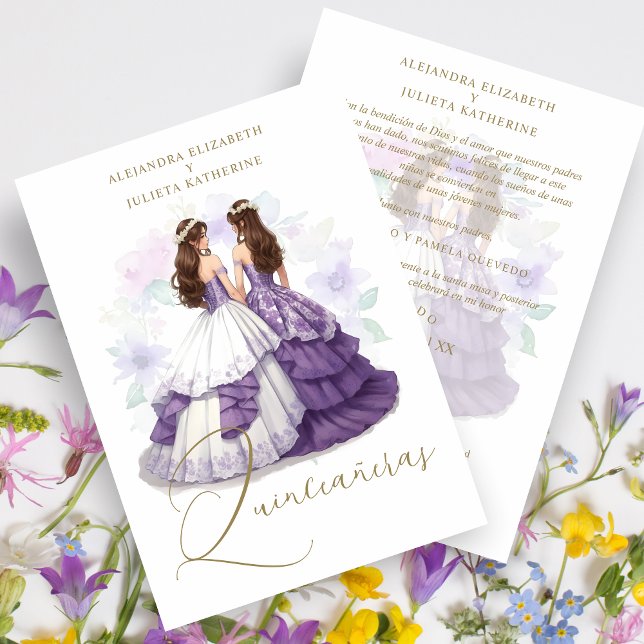 Romantic Spanish Quinceañeras Twins Purple Shades Invitation (Romantic Spanish Quinceañeras Twins in Purple Shades Invitation Card with Envelope. )