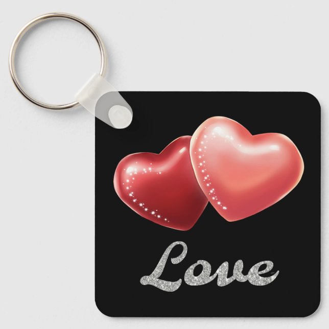 Romantic Sparkling Red Hearts "Love" Glitter Desig Keychain (Front)