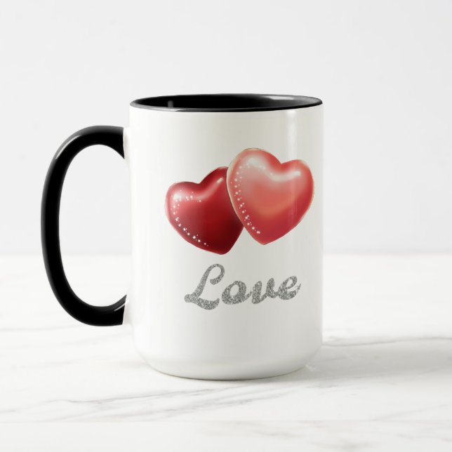 Romantic Sparkling Red Hearts "Love" Glitter Desig Mug (Left)