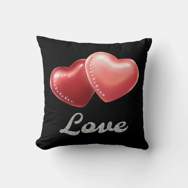 Romantic Sparkling Red Hearts "Love" Glitter Desig Throw Pillow (Front)