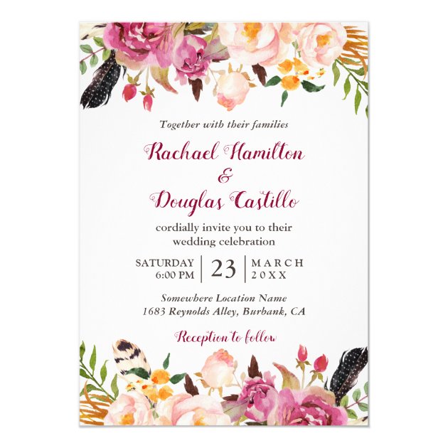 Romantic Spring Boho Floral Feather Wedding Invitation