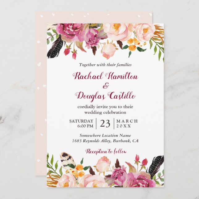 Romantic Spring Boho Floral Feather Wedding Invitation (Front/Back)